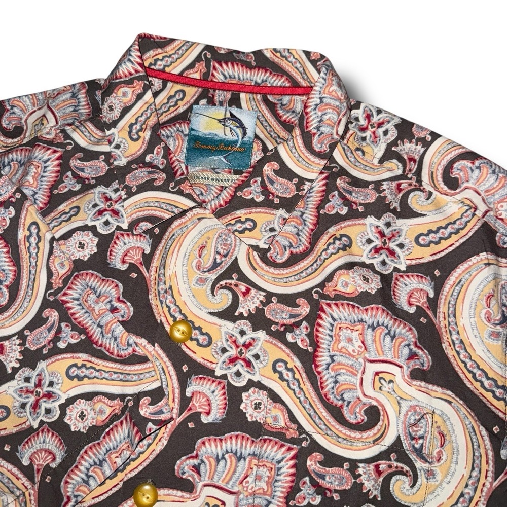 TOMMY BAHAMA Camp Shirt Large‎ Silk Paisley Island Modern Fit Hawaiian Button Up